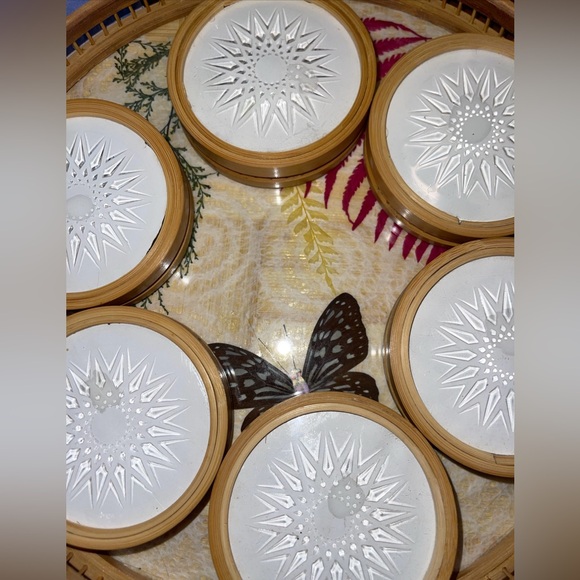 Vintage Bamboo/Rattan/Glass pressed flower & Butterfly tray/coaster set 7 pcs - Picture 14 of 16